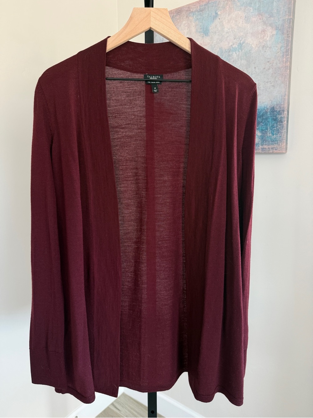 Talbots Womens Medium Burgundy 100% Italian Merino Wool Long Open Cardigan
